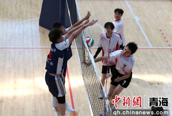 图为大通朔山中学代表队(蓝衣)与西宁三中代表队(白衣)对阵中。 张忠苹 摄